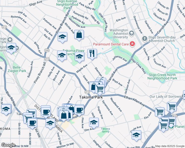 map of restaurants, bars, coffee shops, grocery stores, and more near 111 Lee Avenue in Takoma Park