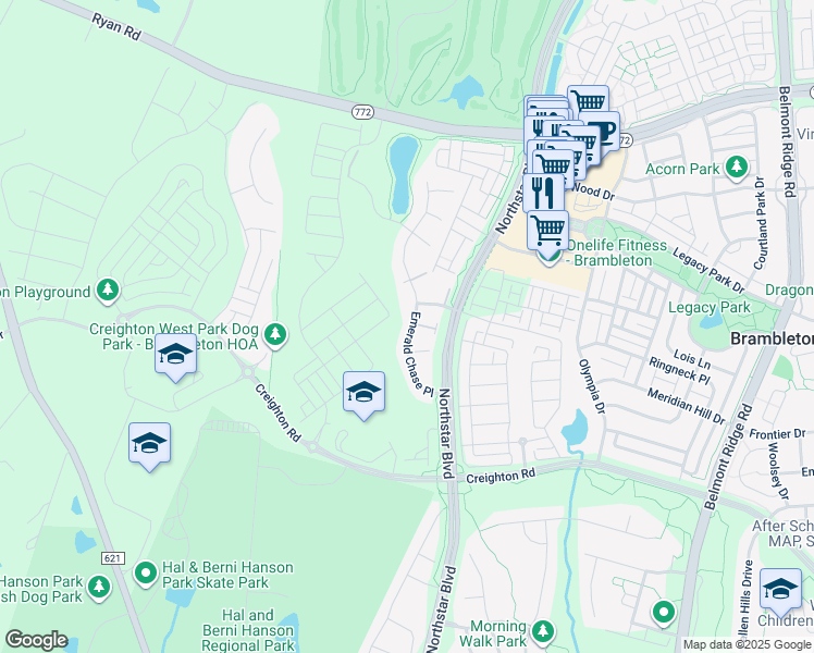 map of restaurants, bars, coffee shops, grocery stores, and more near 22913 Emerald Chase Place in Ashburn