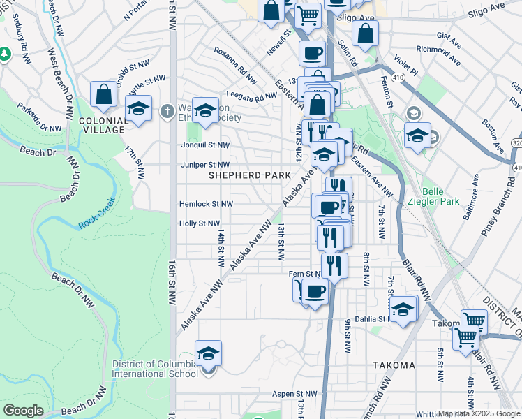 map of restaurants, bars, coffee shops, grocery stores, and more near 1314 Hemlock Street Northwest in Washington
