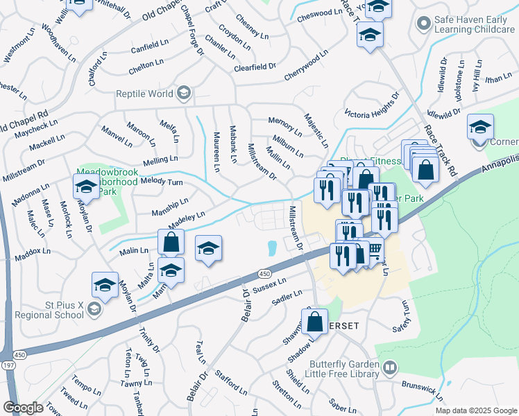 map of restaurants, bars, coffee shops, grocery stores, and more near 12750 Midwood Lane in Bowie