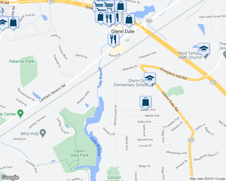 map of restaurants, bars, coffee shops, grocery stores, and more near 6408 Wood Pointe Drive in Glenn Dale
