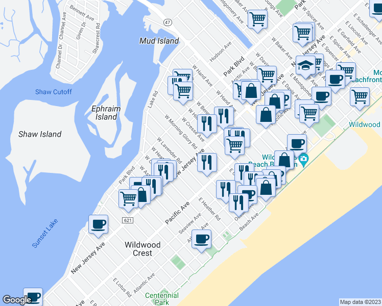 map of restaurants, bars, coffee shops, grocery stores, and more near 108e East Buttercup Road in Wildwood Crest