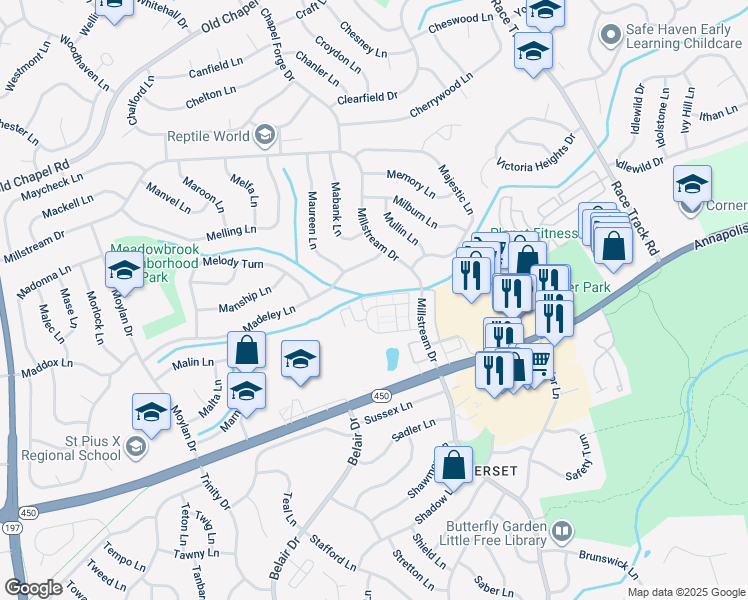 map of restaurants, bars, coffee shops, grocery stores, and more near 12750 Midwood Lane in Bowie