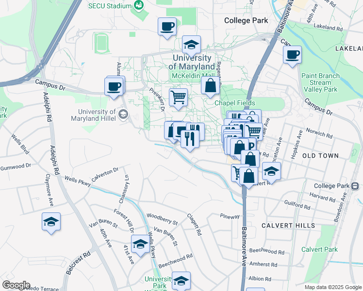 map of restaurants, bars, coffee shops, grocery stores, and more near 4201 Knox Road in College Park