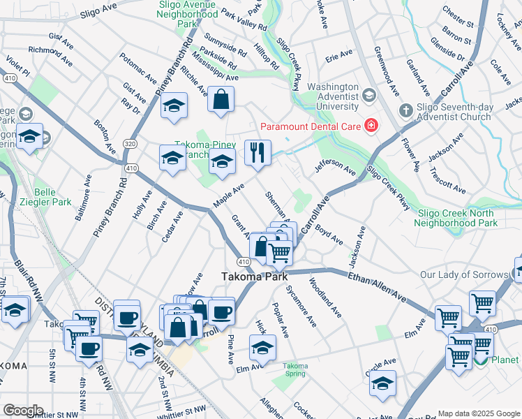 map of restaurants, bars, coffee shops, grocery stores, and more near 111 Lee Avenue in Takoma Park