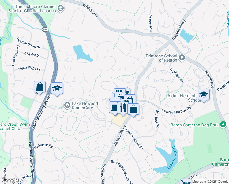 map of restaurants, bars, coffee shops, grocery stores, and more near 11818 Great Owl Circle in Reston