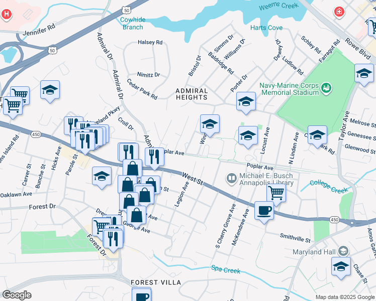 map of restaurants, bars, coffee shops, grocery stores, and more near 1620 Poplar Avenue in Annapolis