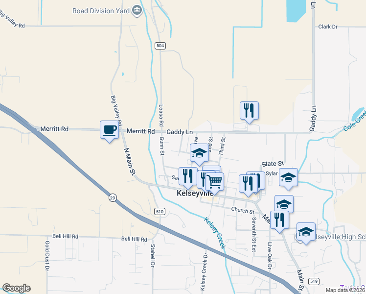 map of restaurants, bars, coffee shops, grocery stores, and more near 5070 Willow Avenue in Kelseyville