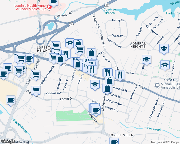 map of restaurants, bars, coffee shops, grocery stores, and more near 1950 West Street in Annapolis