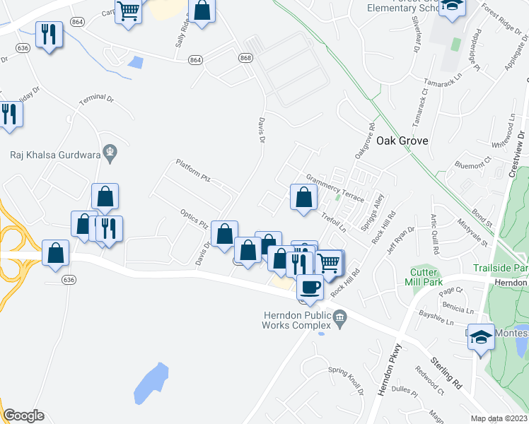 map of restaurants, bars, coffee shops, grocery stores, and more near 45901 Peach Oak Terrace in Sterling