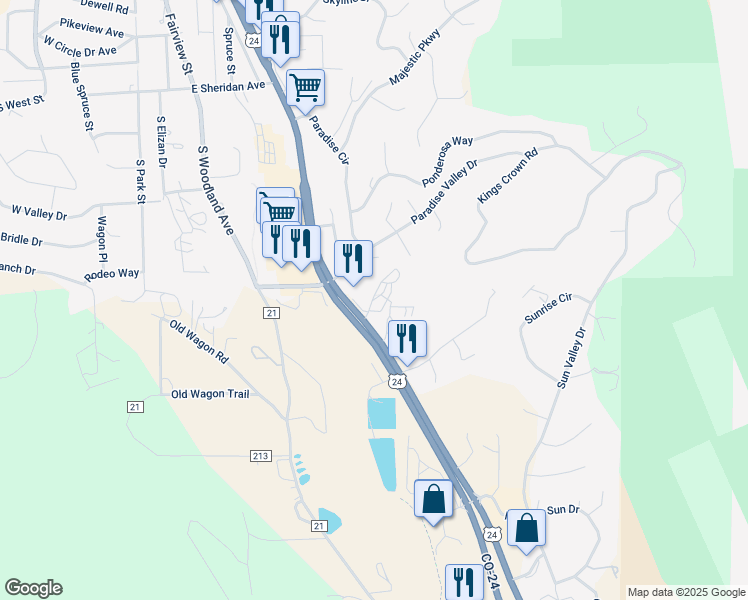 map of restaurants, bars, coffee shops, grocery stores, and more near 18401 U.S. 24 in Woodland Park