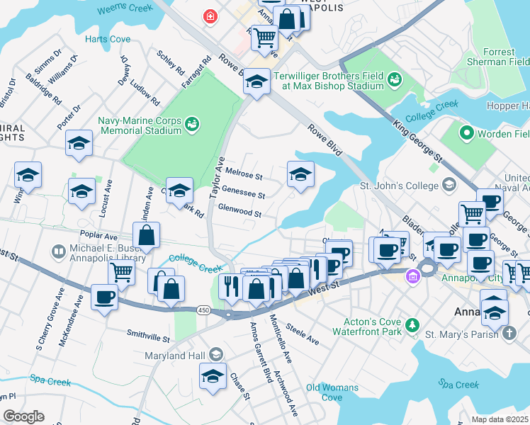 map of restaurants, bars, coffee shops, grocery stores, and more near 710 Glenwood Street in Annapolis