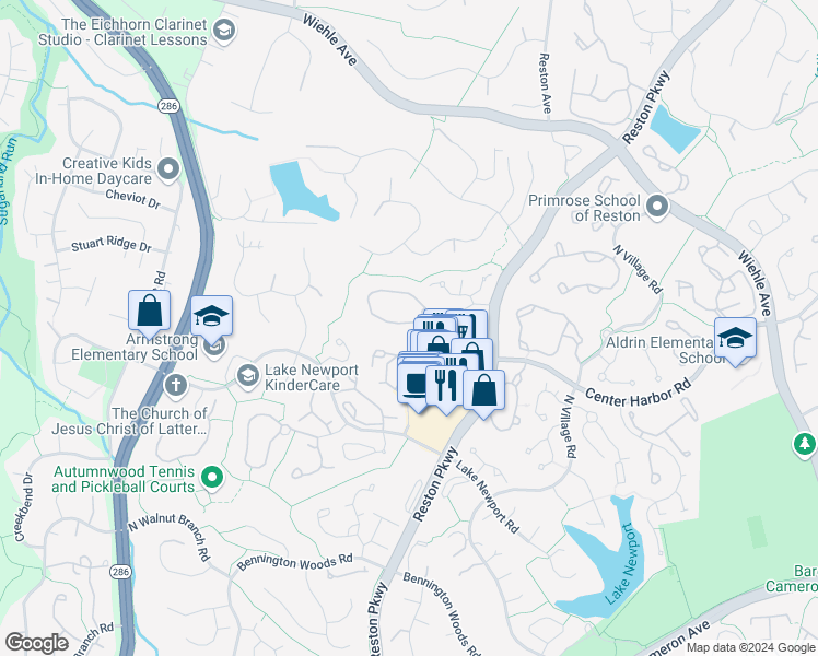 map of restaurants, bars, coffee shops, grocery stores, and more near 11814 Great Owl Circle in Reston