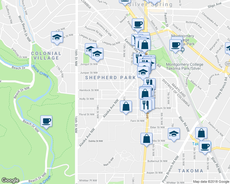 map of restaurants, bars, coffee shops, grocery stores, and more near 1314 Hemlock Street Northwest in Washington