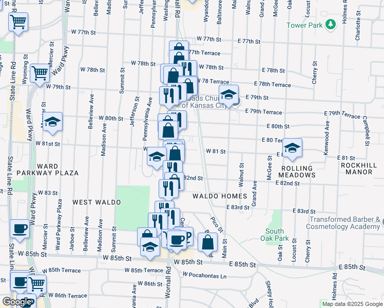 map of restaurants, bars, coffee shops, grocery stores, and more near 205 West 81 Terrace in Kansas City