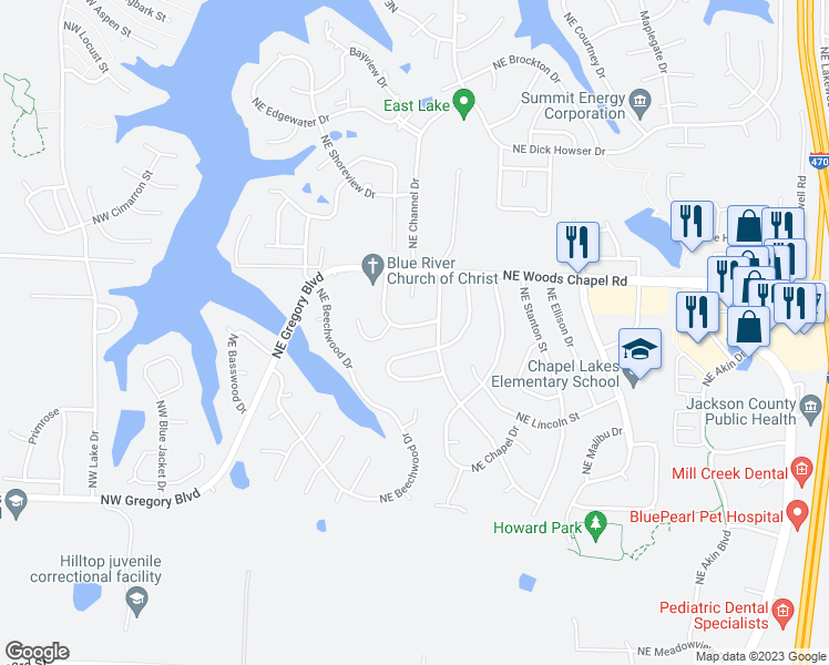 map of restaurants, bars, coffee shops, grocery stores, and more near 415 Northeast Carriage Street in Lee's Summit