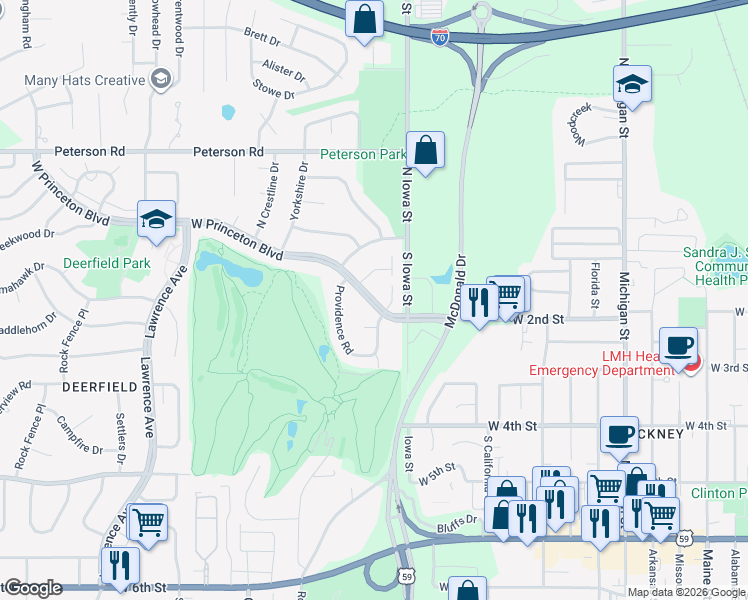map of restaurants, bars, coffee shops, grocery stores, and more near 2208 West Princeton Boulevard in Lawrence
