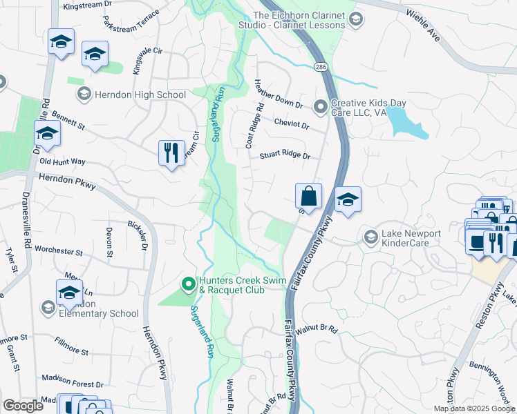 map of restaurants, bars, coffee shops, grocery stores, and more near 12012 Lake Newport Road in Reston
