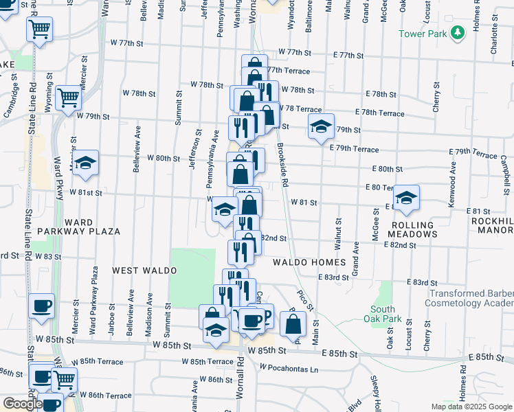 map of restaurants, bars, coffee shops, grocery stores, and more near 8131 Wornall Road in Kansas City