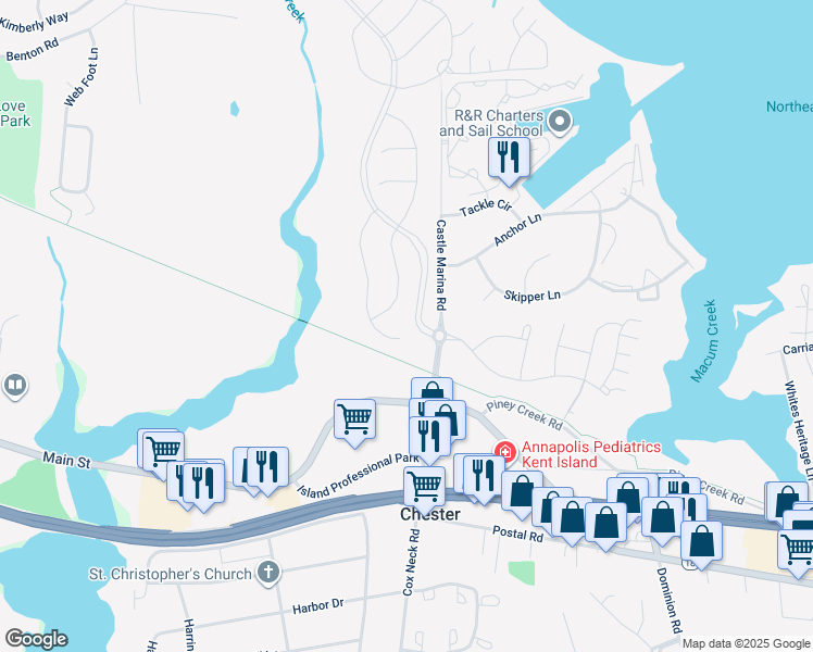 map of restaurants, bars, coffee shops, grocery stores, and more near 255 Sailcloth Way in Chester