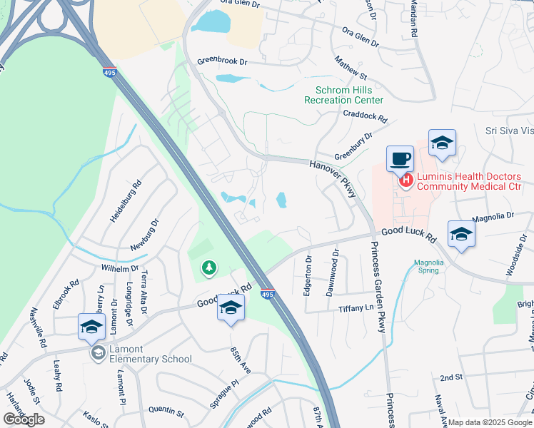 map of restaurants, bars, coffee shops, grocery stores, and more near 6701 Village Park Drive in Greenbelt