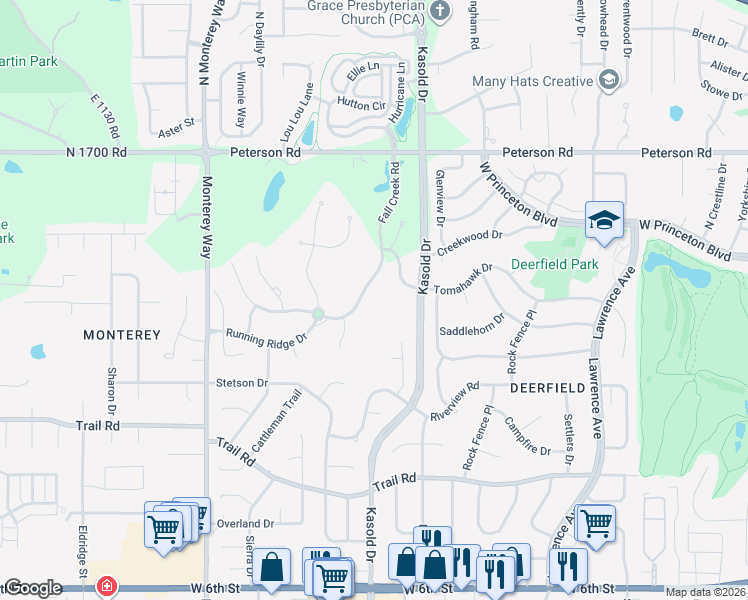 map of restaurants, bars, coffee shops, grocery stores, and more near 200 Fall Creek Road in Lawrence