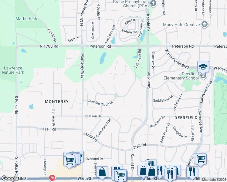 map of restaurants, bars, coffee shops, grocery stores, and more near 107 Fall Creek Road in Lawrence