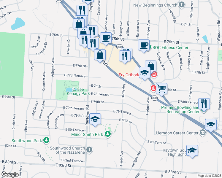 map of restaurants, bars, coffee shops, grocery stores, and more near 10118 East 78 Terrace in Raytown