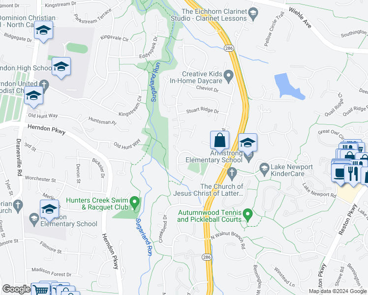 map of restaurants, bars, coffee shops, grocery stores, and more near 12012 Lake Newport Road in Reston