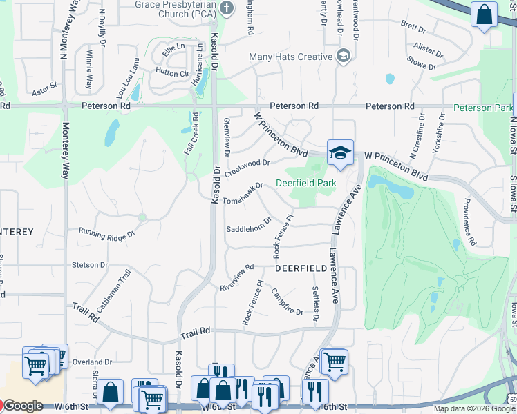 map of restaurants, bars, coffee shops, grocery stores, and more near 3212 Saddlehorn Drive in Lawrence