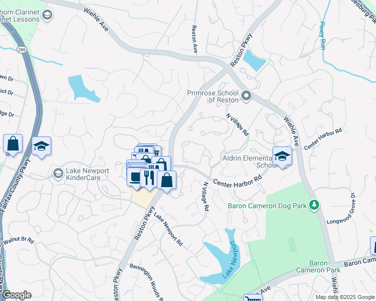 map of restaurants, bars, coffee shops, grocery stores, and more near 11555 Olde Tiverton Circle in Reston