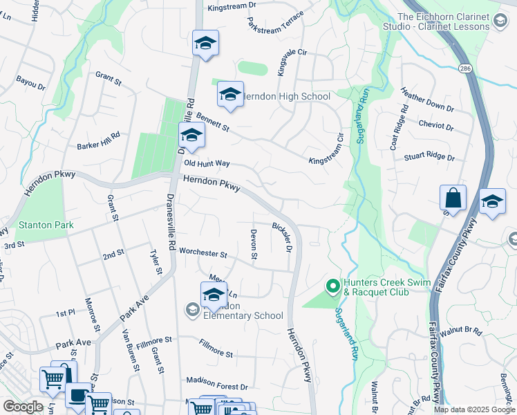 map of restaurants, bars, coffee shops, grocery stores, and more near 1122 Devon Street in Herndon
