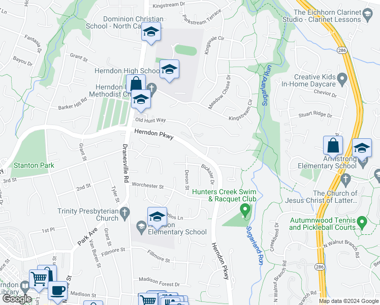 map of restaurants, bars, coffee shops, grocery stores, and more near 1122 Devon Street in Herndon