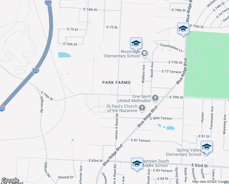 map of restaurants, bars, coffee shops, grocery stores, and more near 8201 East 79th Street in Kansas City