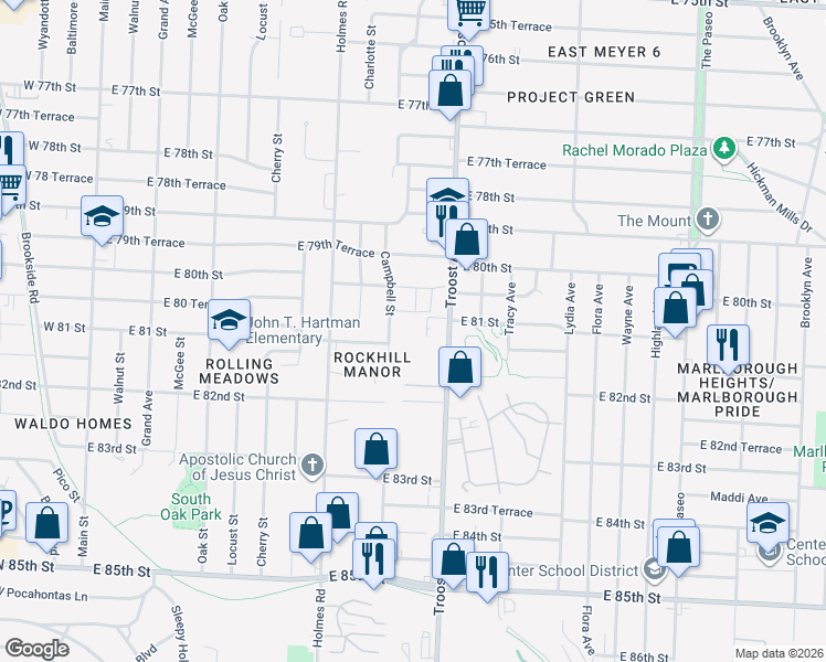 map of restaurants, bars, coffee shops, grocery stores, and more near 8101 Campbell Street in Kansas City