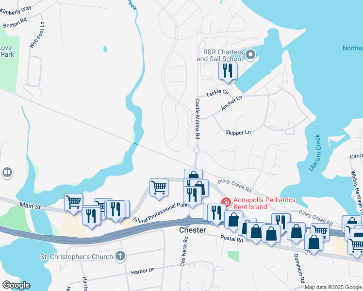 map of restaurants, bars, coffee shops, grocery stores, and more near 255 Sailcloth Way in Chester