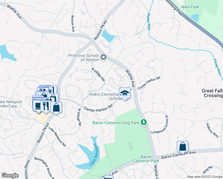 map of restaurants, bars, coffee shops, grocery stores, and more near 1369 Heritage Oak Way in Reston