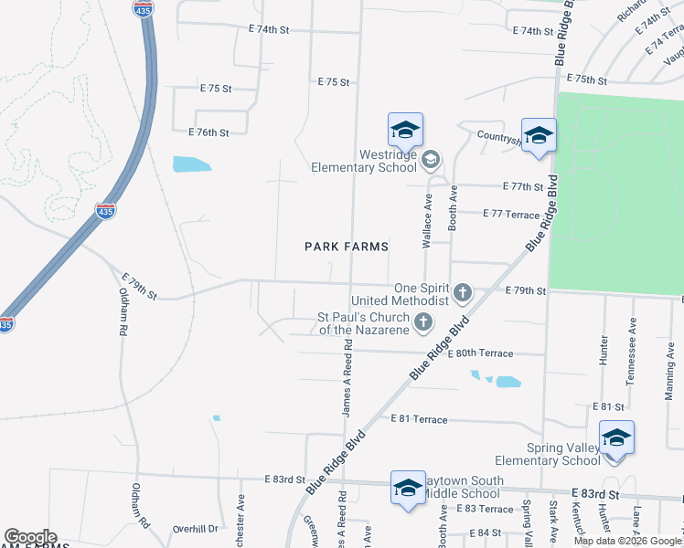 map of restaurants, bars, coffee shops, grocery stores, and more near 8201 East 79th Street in Kansas City