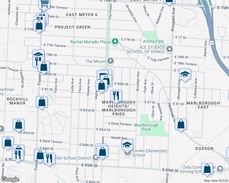 map of restaurants, bars, coffee shops, grocery stores, and more near 8019 Michigan Avenue in Kansas City