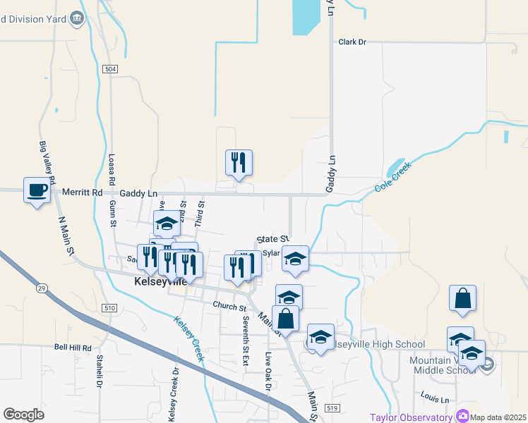 map of restaurants, bars, coffee shops, grocery stores, and more near 5400 Gaddy Court in Kelseyville