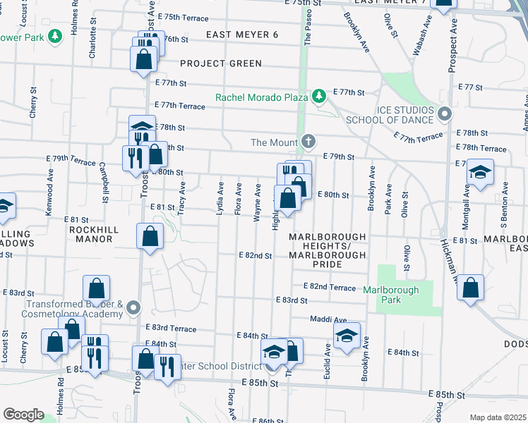 map of restaurants, bars, coffee shops, grocery stores, and more near 8023 Wayne Avenue in Kansas City