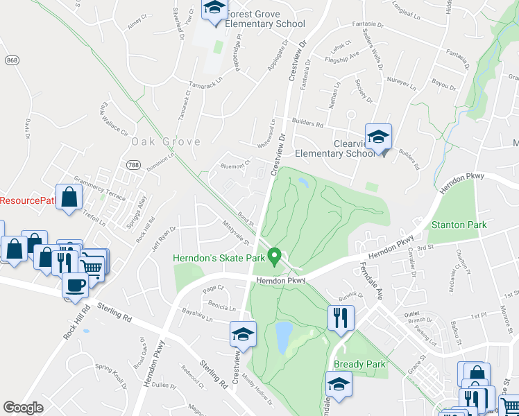 map of restaurants, bars, coffee shops, grocery stores, and more near 1156 Lisa Court in Herndon
