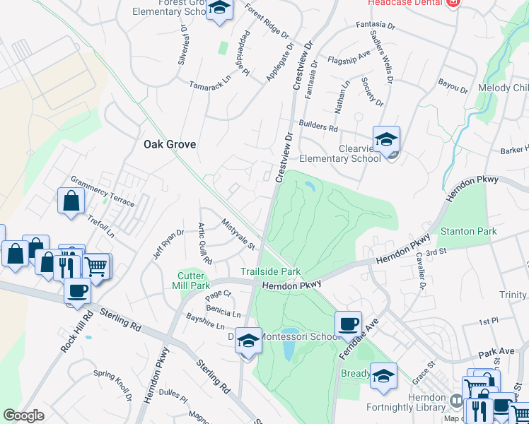 map of restaurants, bars, coffee shops, grocery stores, and more near 1156 Lisa Court in Herndon