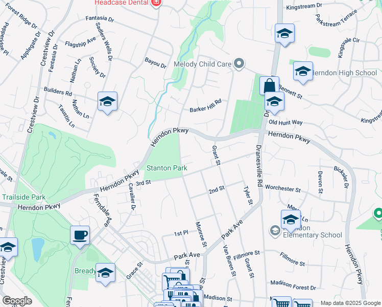 map of restaurants, bars, coffee shops, grocery stores, and more near 1108C Monroe Street in Herndon