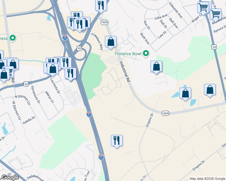 map of restaurants, bars, coffee shops, grocery stores, and more near 7628 Dunham Court in Florence