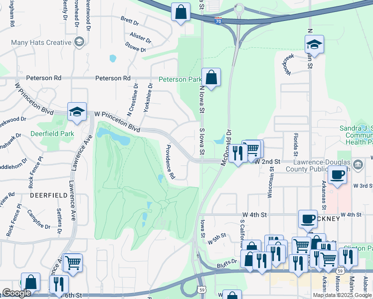 map of restaurants, bars, coffee shops, grocery stores, and more near 2208 West Princeton Boulevard in Lawrence
