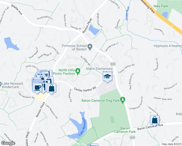 map of restaurants, bars, coffee shops, grocery stores, and more near 1354 Heritage Oak Way in Reston