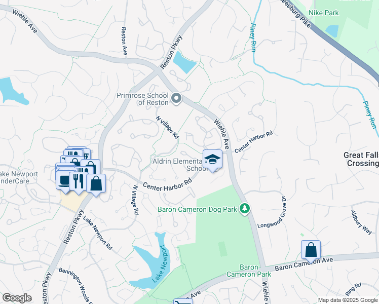 map of restaurants, bars, coffee shops, grocery stores, and more near 1367 Heritage Oak Way in Reston