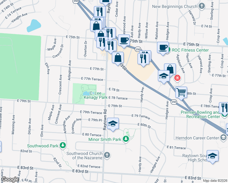 map of restaurants, bars, coffee shops, grocery stores, and more near 10002 East 78 Street in Raytown