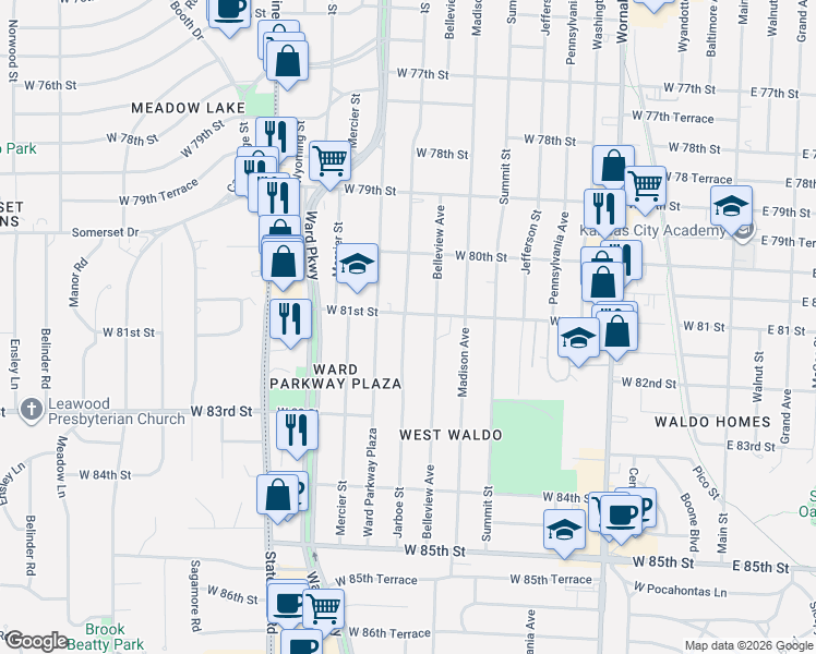 map of restaurants, bars, coffee shops, grocery stores, and more near 8031 Ward Parkway Plaza in Kansas City